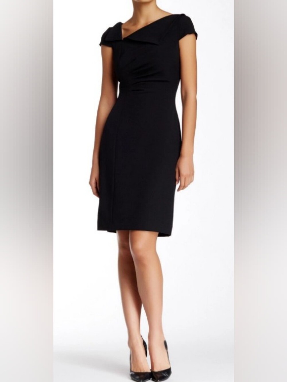 Tahari Black Cap-Sleeve Asymmetrical Neckline Sheath Lined Dress Misses Size 6